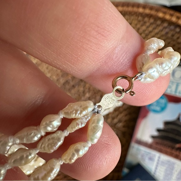 Vintage 14k Gold Biwa Pearl Onyx Triple Strand 17” Hong Kong Necklace New Tags - Picture 5 of 8